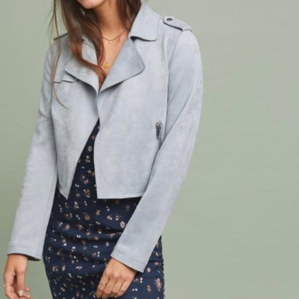 Blue Rain Francescas Blue Faux  Suede Cropped Moto Jacket NWOT Medium